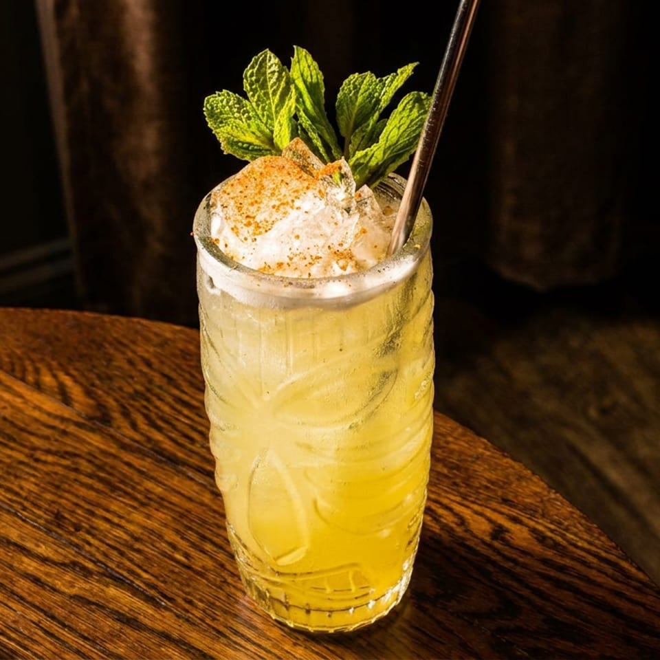 Yellow cocktail topped with foam, cinnamon, and fresh mint in a textured glass on a rustic wooden table.