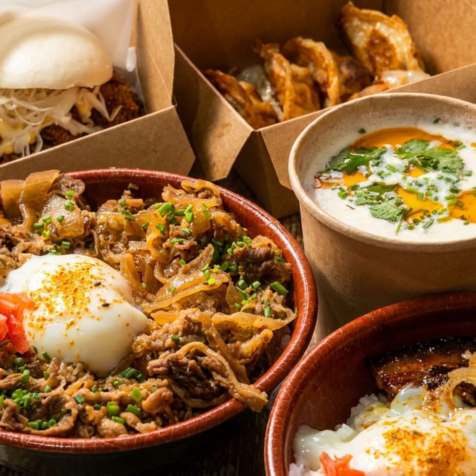 Assorted Asian-inspired dishes include beef bowls with eggs, a bao sandwich, fried wings, and herb-topped dipping sauce.